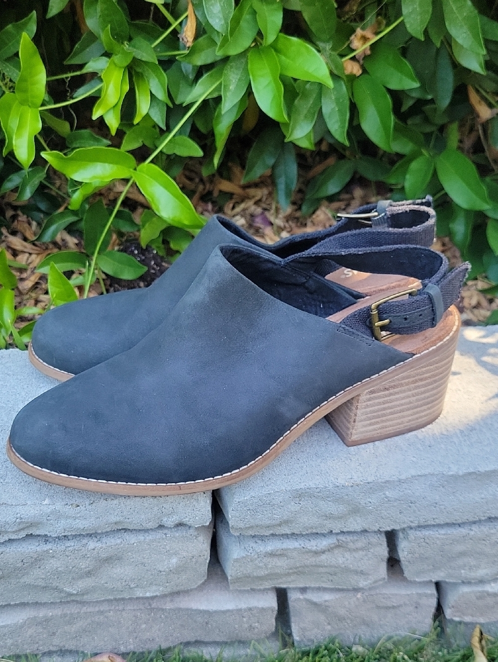 Toms Black Mules Suede Feel with Chunky Block Heel 9